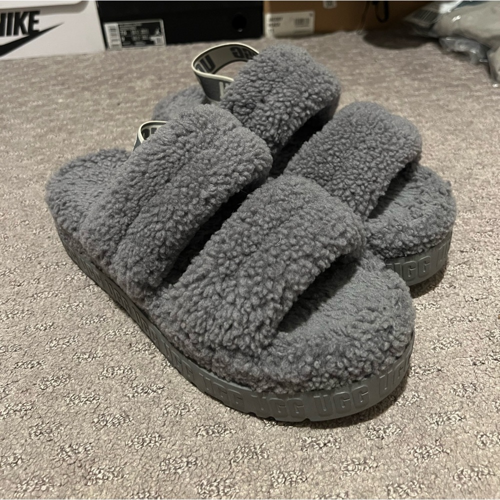 UGG~Authentic Gray Fluffy Sling Style Sandals size-11 BNWOT’s 1.5 wedge